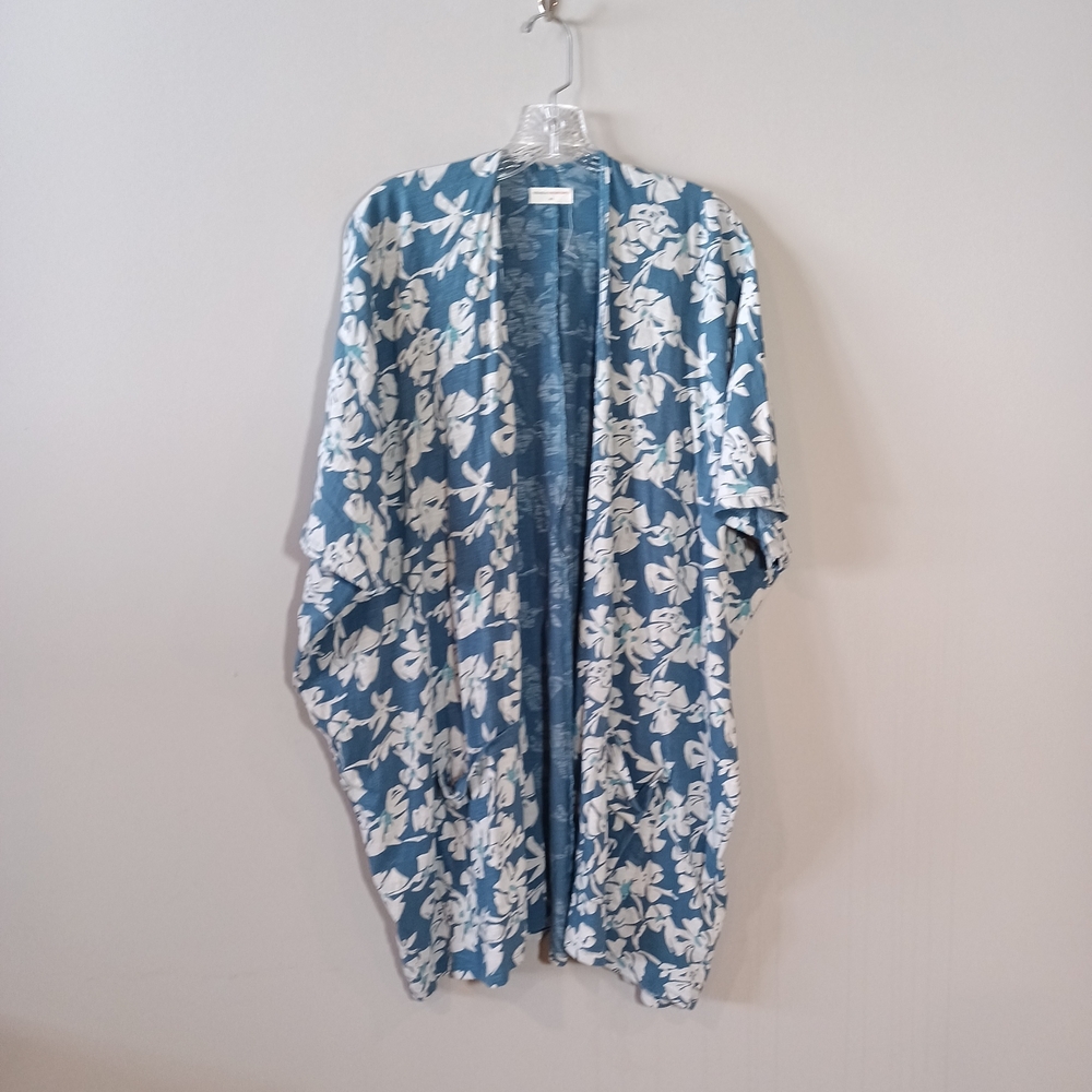 Natural By Known Supply Women M/L Teal Blue Floral Hawaiian Cover-up Cardigan